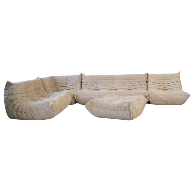 Beige Corduroy Togo Living Room Set by Michel Ducaroy for Ligne Roset, Set of 5 For Sale