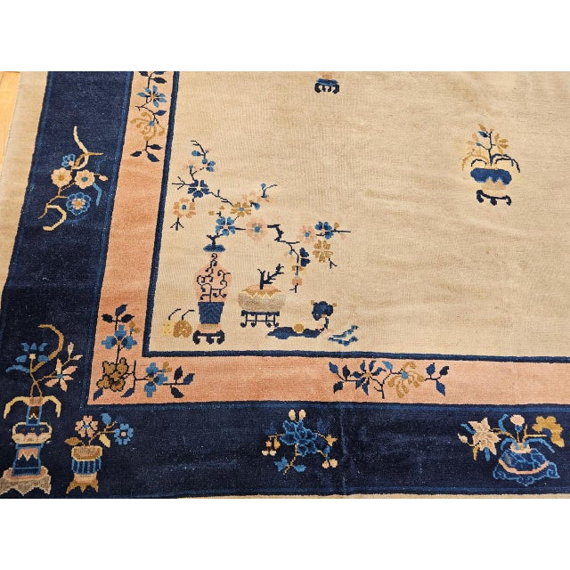 Chinese Antique Chinese Peking Rug, Hand-Knotted Wool Pile, Pale Tan & Blue, 9' x 12' For Sale - Image 3 of 18