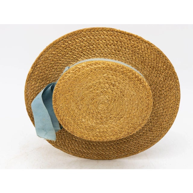 Textile Vintage Natural Straw Pale Blue Ribbon Bow Boater Hat, the Ridgemont Make, 1930s For Sale - Image 7 of 8