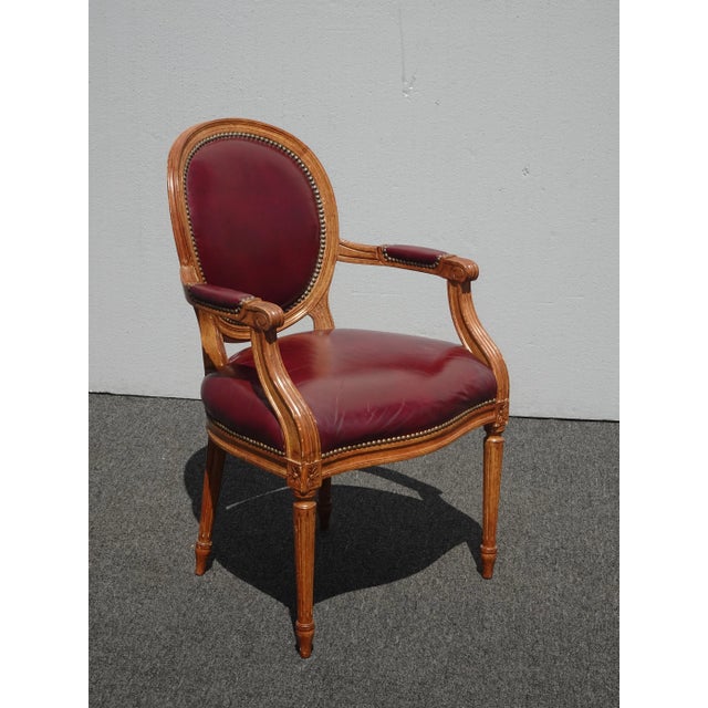 French Provincial Vintage French Provincial Burgundy Leather Accent Chair With Decorative Nails For Sale - Image 3 of 13