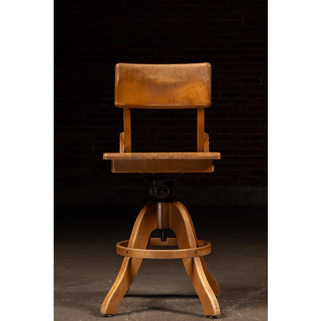 Antique Adjustable Wooden Swivel Drafting Stool For Sale - Image 4 of 6