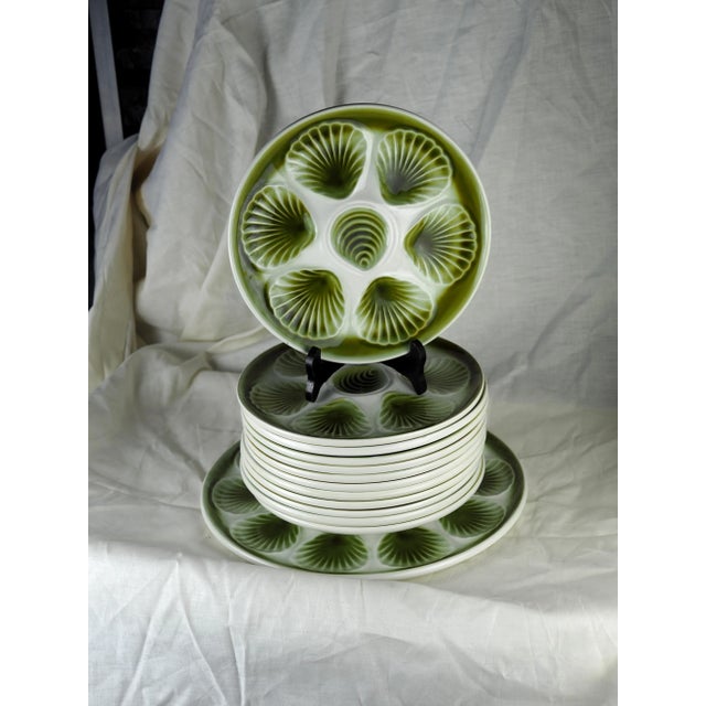 Mid-Century French Orchies Green Pastel Majolica Oyster Dishes and Plates - Set of 13 For Sale - Image 9 of 11