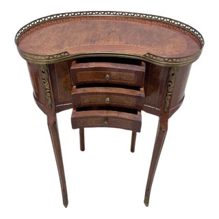 1960s Mid-Century French Marquetry Side Table in Louis XV Style With Brass Accents and Drawers, For Sale
