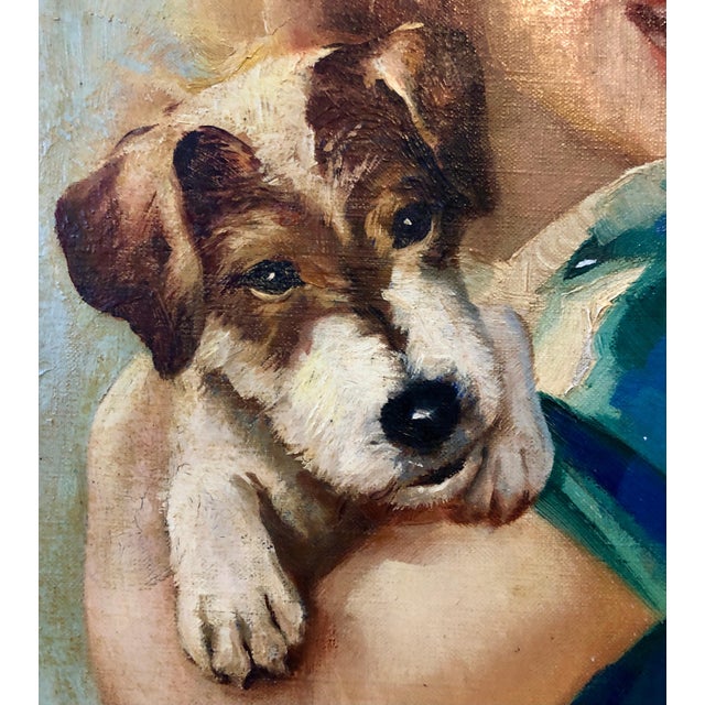 1930s Lawrence Wilbur, 1930s Vintage Oil Painting Girl, Puppy Dog, American Illustrator Lawrence Wilbur, c.1930's For Sale - Image 5 of 7