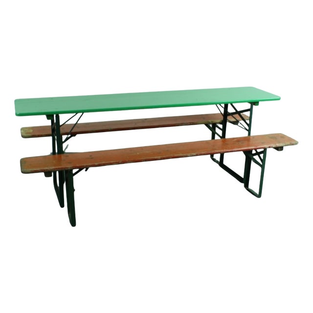 Vintage German Painted Beer Table & Benches, Set of 3 For Sale