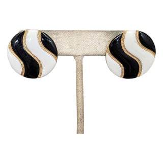 Vintage 1980s Signed Les Bernard Round Goldtone Black & White Enamel Striped Pierced Earrings-2 Pieces For Sale