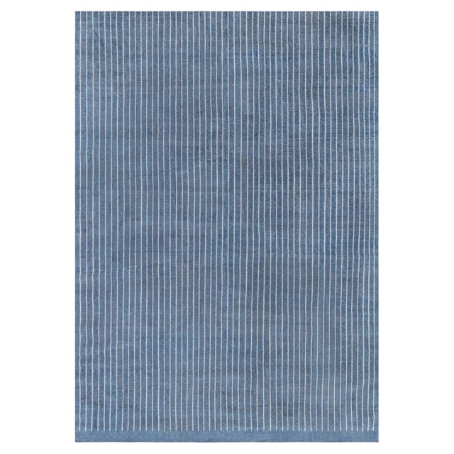 Contemporary Striped Blue and White Handmade Rug by Doris Leslie Blau For Sale