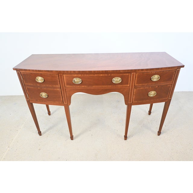 Kindel Furniture Kindel Mahogany Sideboard Server With Satinwood Inlay & Brass Pulls | Newly Refinished For Sale - Image 4 of 16