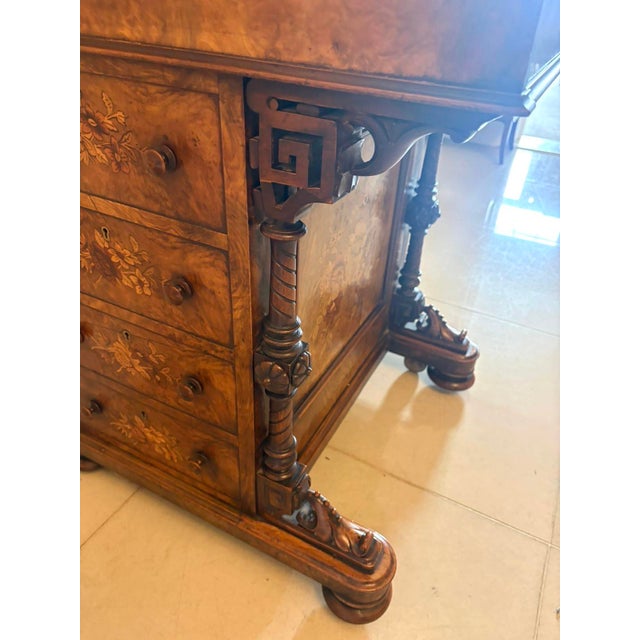 Antique Victorian Burr Walnut Floral Marquetry Piano Top Davenport Desk, 1850 For Sale - Image 9 of 18