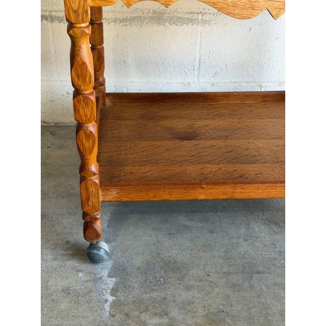 Brown Oak Rolling Bar Cart Patterned Tile Top Serving Tea Trolley in Style of Henning Kjaernulf Denmark 1960s For Sale - Image 8 of 9