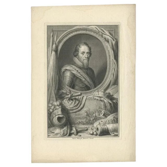 Antique portrait titled 'Maurits, Prins van Oranje enz. enz. enz'. Engraving of Maurice, Prince of Orange. Bust length...