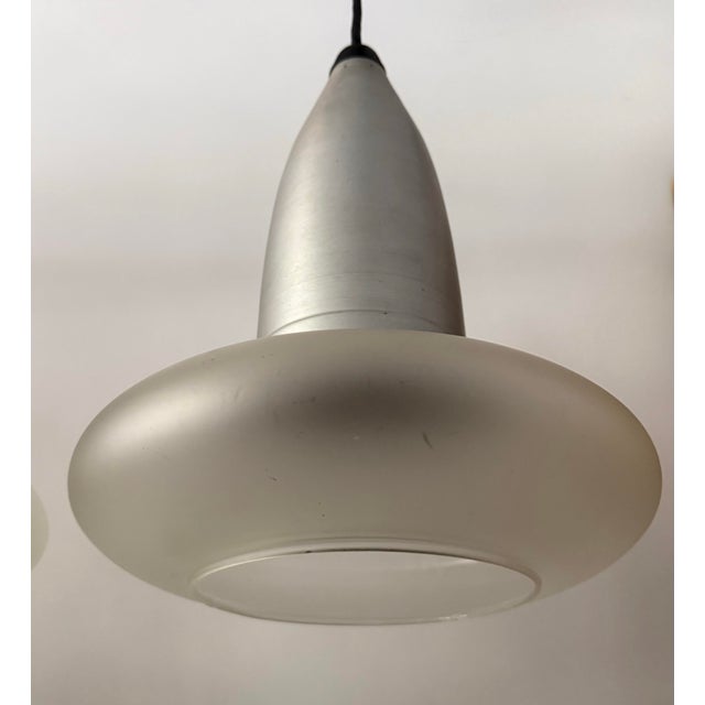 1960s Space Age Brushed Aluminum & Frosted Glass Pendant Lights a Pair For Sale In Los Angeles - Image 6 of 10