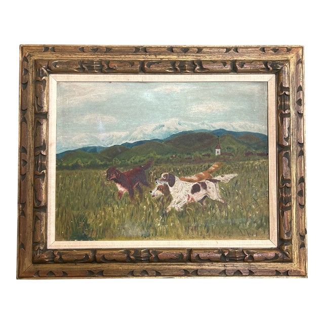 1940’s Original Folk Art Dogs Running Through Field Landscape Painting For Sale