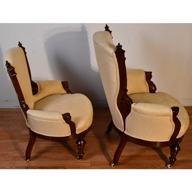 1880s Antique Pair Victorian Walnut Ladies & Gentleman Living Room Chairs For Sale - Image 10 of 12