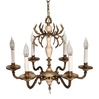 Antique Empire Ornate 6 Arm 6 Lite Brass & Marble Architectural Chandelier For Sale
