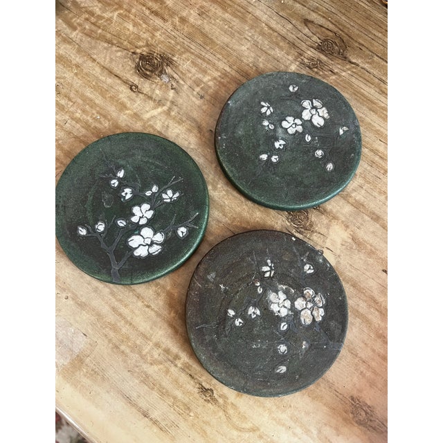 Vintage Collection of Stone Asian Style Coasters With Floral Accents- Set of 3 For Sale - Image 4 of 6