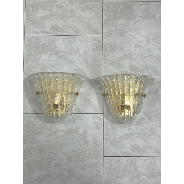 Set of 2 Mid-Century Murano glass brass wall lamps, 1970s Brass accessories, golden metal structures. E27 lamps. Good...