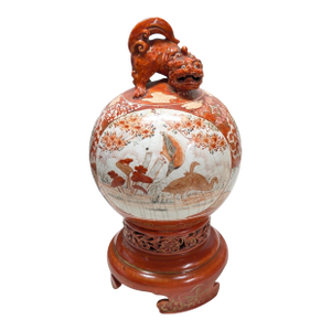 Mid 19th Century Meiji Period Japanese Kutani Porcelain Koro and Kylin Dog Globular Cover
