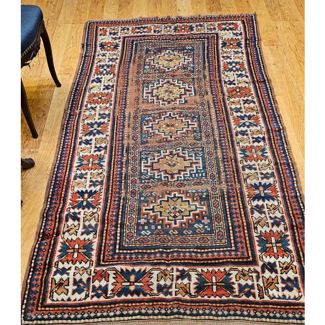 French Country Antique Caucasian Kazak Rug, Handwoven Wool, Memling Gul Medallions, 4' x 7' For Sale - Image 3 of 11