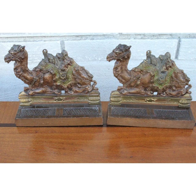 Art Deco Pair of Cast Iron Hand Painted Camel Bookends, Circa 19th Century For Sale - Image 3 of 10