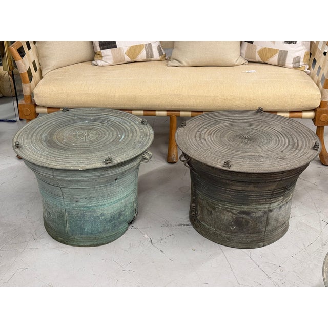 1950s 2 Southeast Asian Bronze Rain Drums with Great Patina For Sale - Image 15 of 18