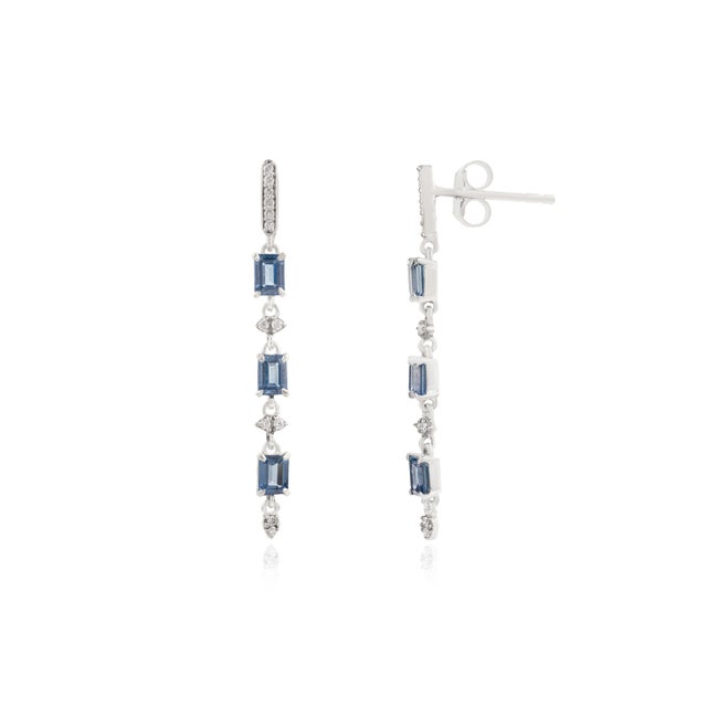14k White Gold Dangle Earrings of Blue Sapphire & Natural Diamonds- 2 Pieces For Sale - Image 4 of 12