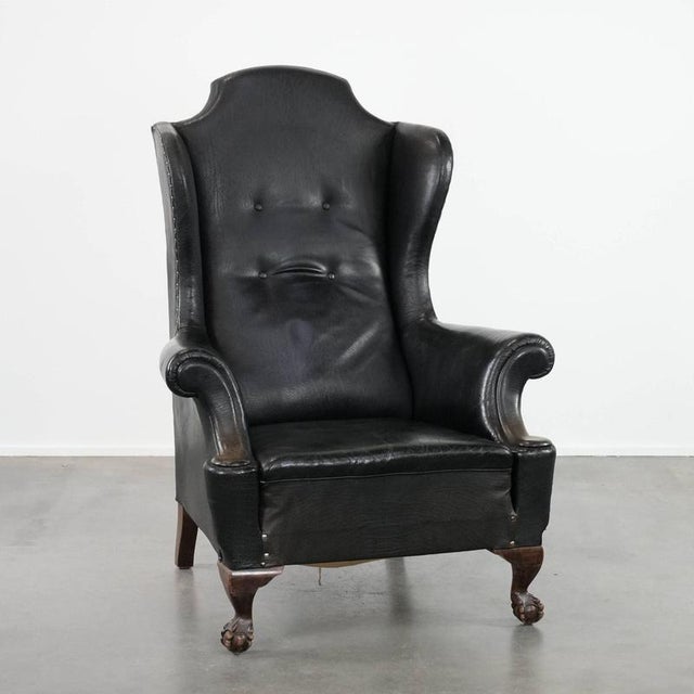 Large Antique English Cowhide Wing Chair, 1800s For Sale - Image 14 of 14