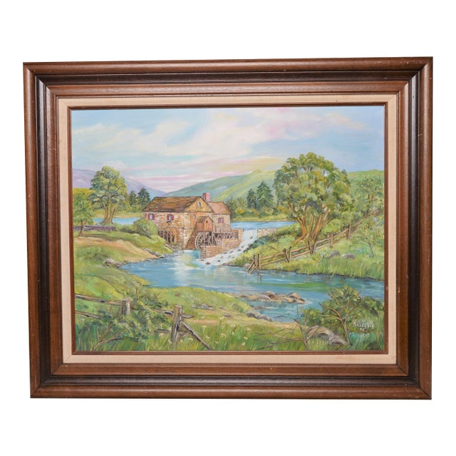 Original Folk Art Painting Rural Landscape Watermill Signed 1982 For Sale
