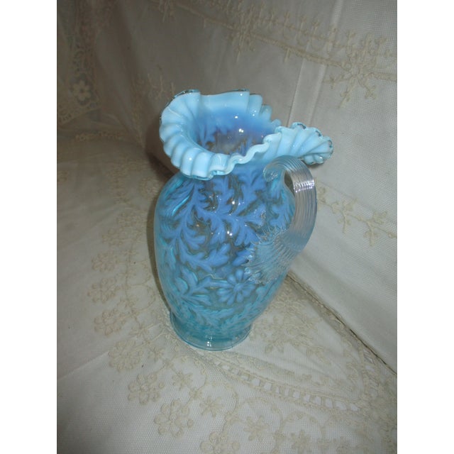 Glass Antique Fenton Daisy and Fern Opalescent Blue Art Glass Pitcher For Sale - Image 7 of 10