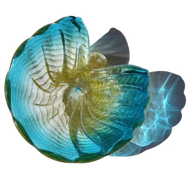 Vintage Murano Barovier Toso Blue Rim Gold Flecks Ribbed Surface Italian Art Glass Seashell Sculptural Bowl For Sale In Orlando - Image 6 of 10