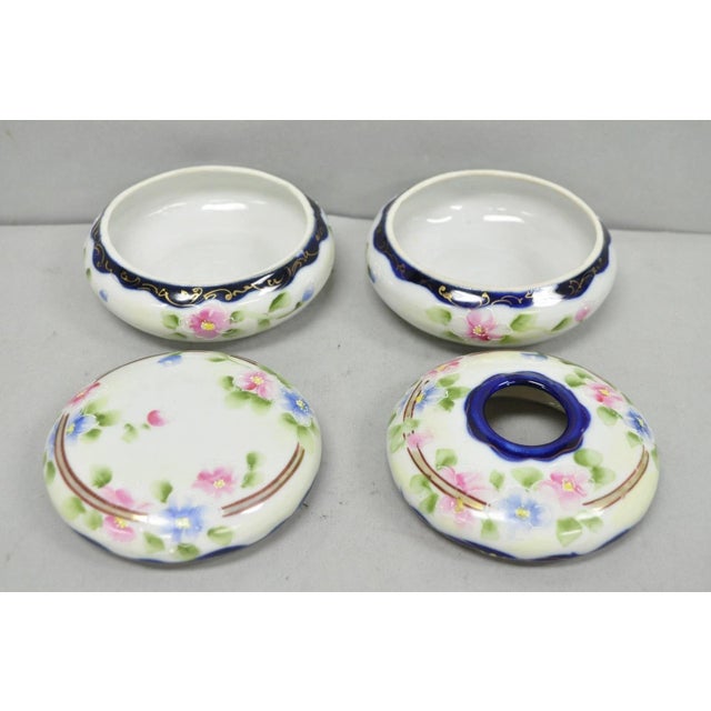 Early 20th Century Victorian Japanese Hand Painted Porcelain Cobalt Blue Hair Receiver & Powder Jar For Sale - Image 10 of 14