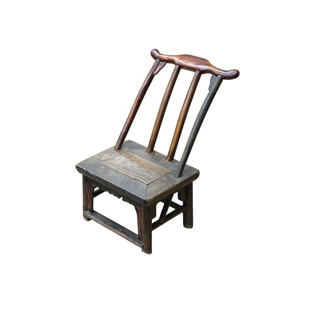 Vintage Rustic Patina Small Low Wood Bench Stool Table W Back For Sale - Image 4 of 9