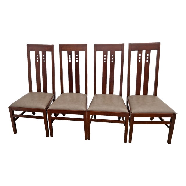 Four Stickley Arts and Crafts Side Chairs Slat Back Leather Seats Solid Cherry For Sale