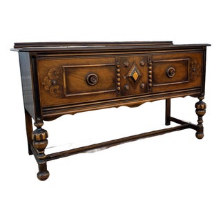 Antique Jacobean Revival Sideboard | Walnut Tudor Style Buffet | Carved Wood Credenza | Vintage English Manor Cabinet | Antique Dining Room For Sale