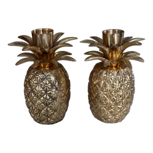 Mid-Century Brass Pineapple Motif Candle Holders - a Pair