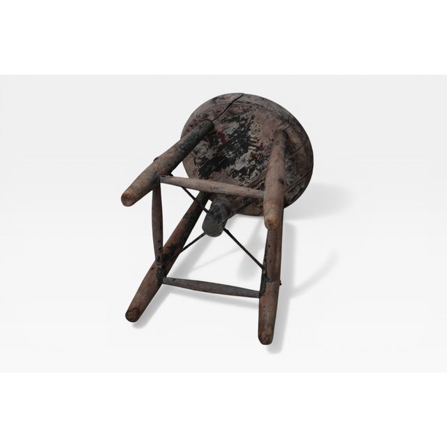 1920s French Rustic Workshop Stool With Iron Stretcher For Sale - Image 13 of 18