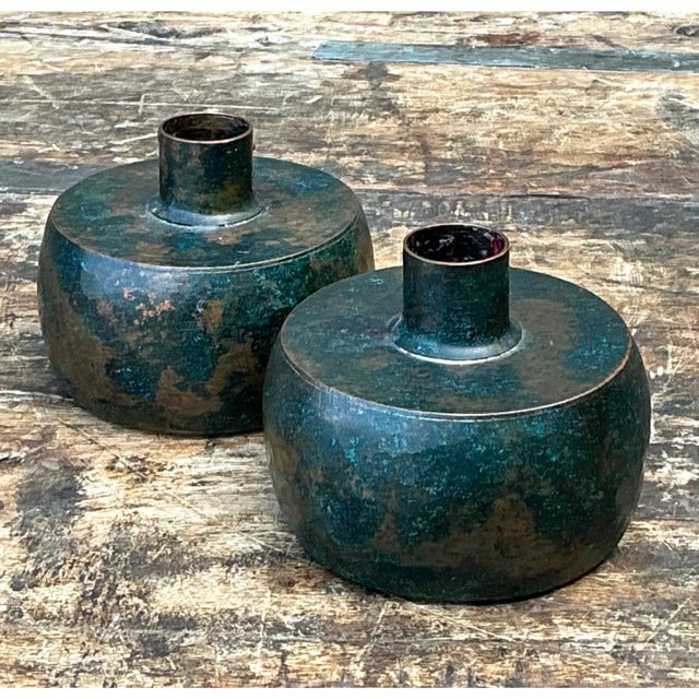 Vintage Patinated Metal Vases - Pair For Sale - Image 4 of 12