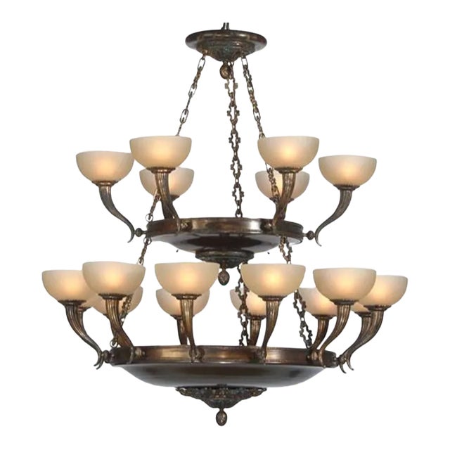 Myran Allan Luxury Lighting Empire Style Bronze and Glass Chandelier as Is For Sale