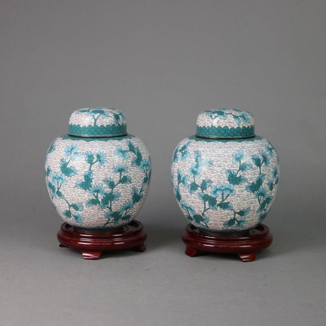 Pair of Antique Chinese Cloisonne Floral Enameled Covered Urns C1930 For Sale - Image 4 of 10