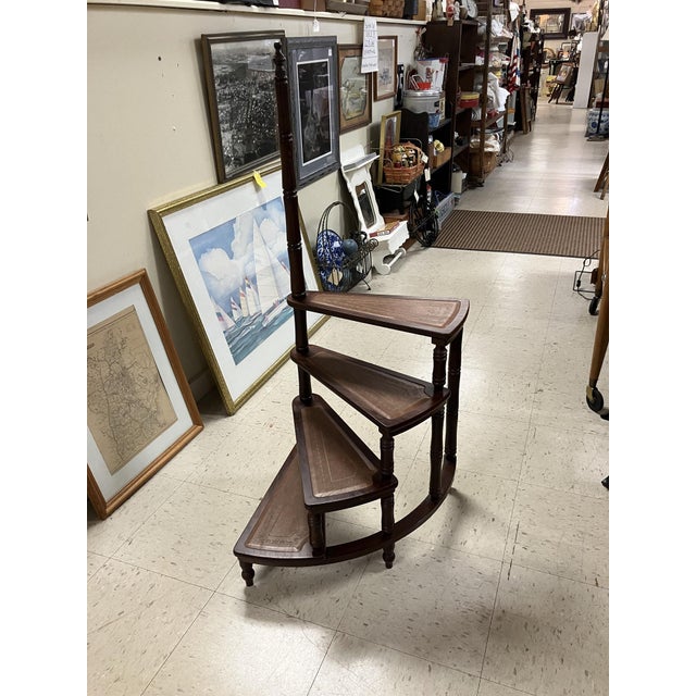 Wood Mid‑Century Wooden Library Step Shelf – Tiered Decorative Book & Display Stand - Faux Leather Stairs For Sale - Image 7 of 8