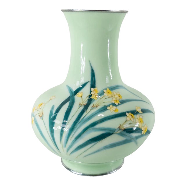 Mid 20th Century Japanese Mint Celadon Green Cloisonne Vase by Tamura III For Sale