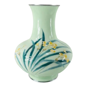 Mid 20th Century Japanese Mint Celadon Green Cloisonne Vase by Tamura III