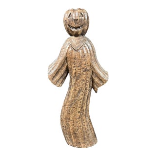 Folk Art Carved Wooden Jack O Lantern Ghost Statue For Sale
