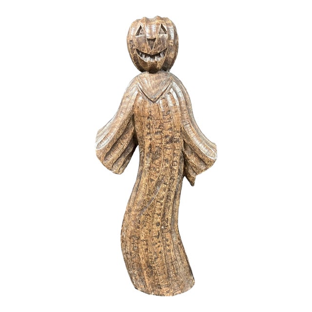 Folk Art Carved Wooden Jack O Lantern Ghost Statue For Sale
