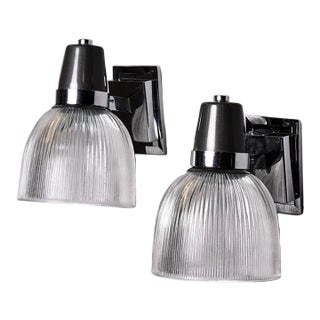 Vintage English Silver and Black Sconces With Glass Shades - Pair For Sale