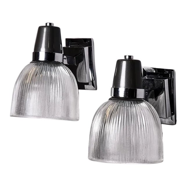 Vintage English Silver and Black Sconces With Glass Shades - Pair For Sale