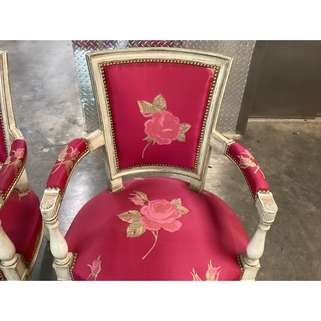 French Stunning French Louis XVI-Style Pink Arm Chairs W/Painted Frames For Sale - Image 3 of 15