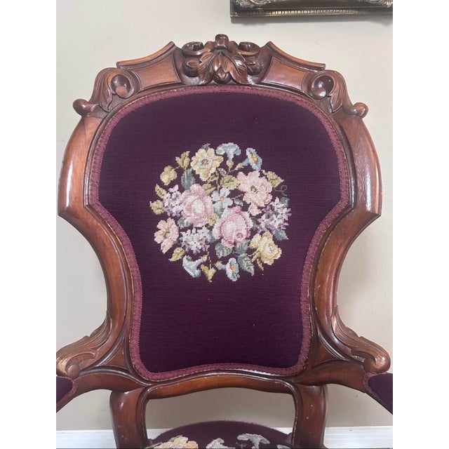 Rococo Elegant Late 19th Century Victorian Rococo Revival Walnut Needlepoint Upholstered Armchair For Sale - Image 3 of 9