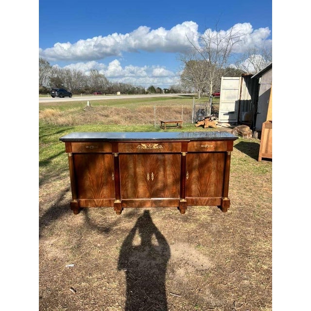19th Century French Empire Flam Mahogany Marble Top Sideboard / Credenzas For Sale - Image 10 of 12
