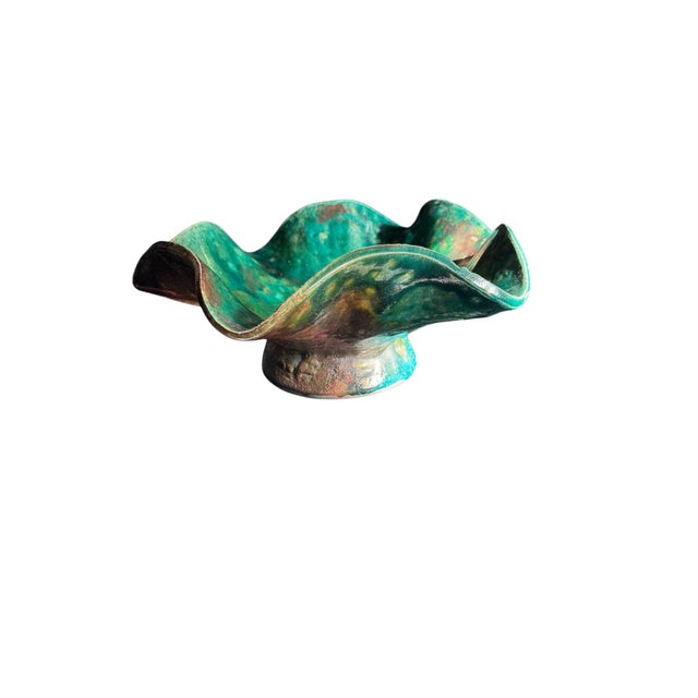 Late 20th Century Ruffled Raku Signed Pottery Bowl For Sale - Image 10 of 18